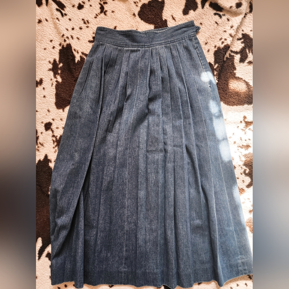 Vintage Blue Pleated Maxi Skirt - Denim A-Line - Picture 3 of 5
